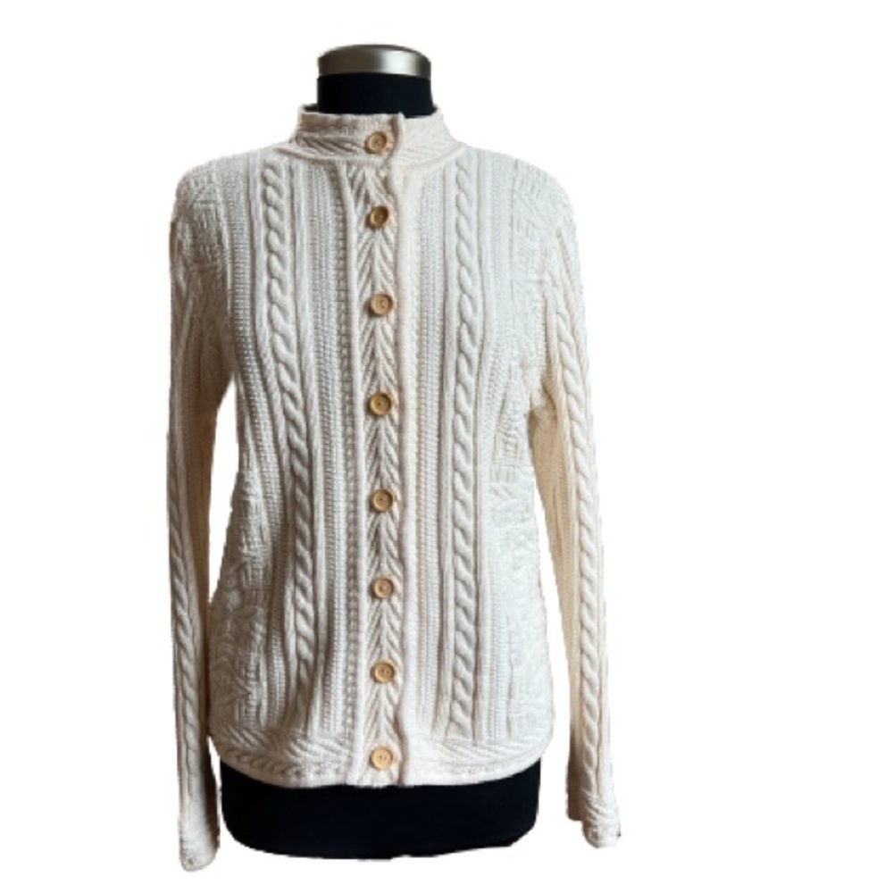 L.L. Bean Cable Knit Button Front Cardigan RN 71341 VN 06097 100% Cotton Medium